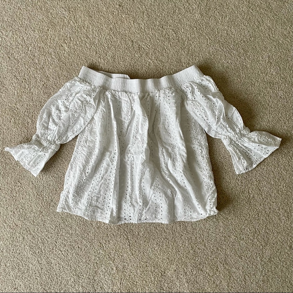 White eyelet off the shoulder top